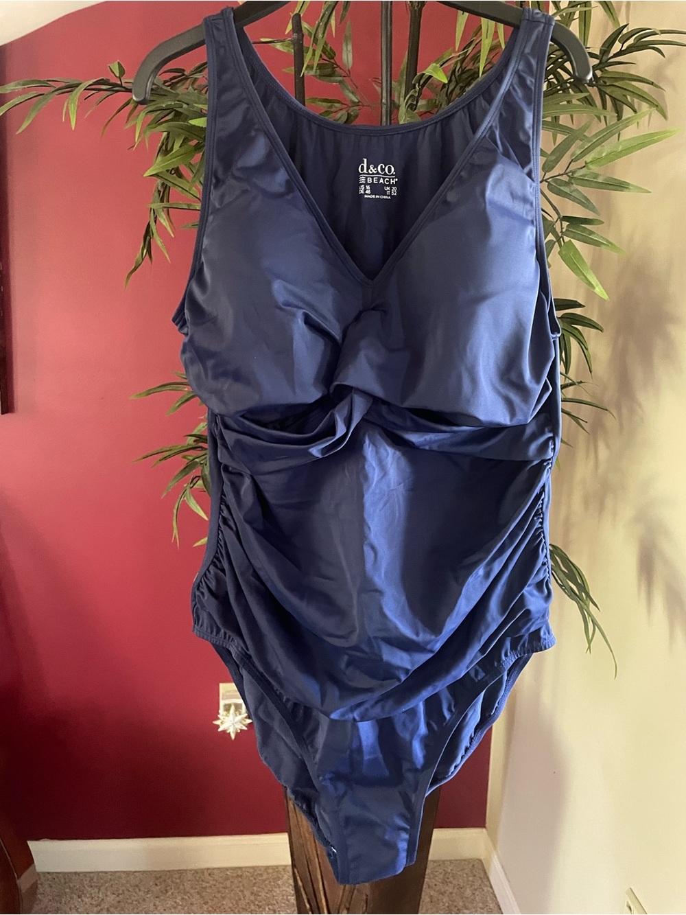 Denim & Co. Beach Twist V-Neck One-Piece with Ruching Navy, Women’s Size 16